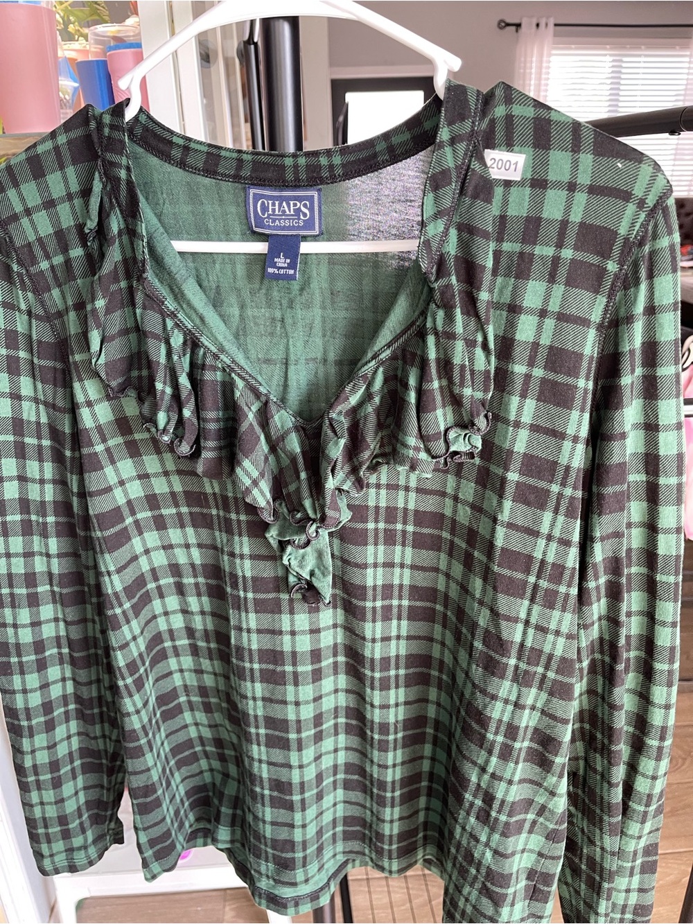 Chaps Green and Black Plaid Ruffle-Trim Long Sleeve Top
